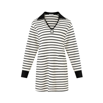 DIANA VEVINA  Black and White Striped Knit V-Neck Dress