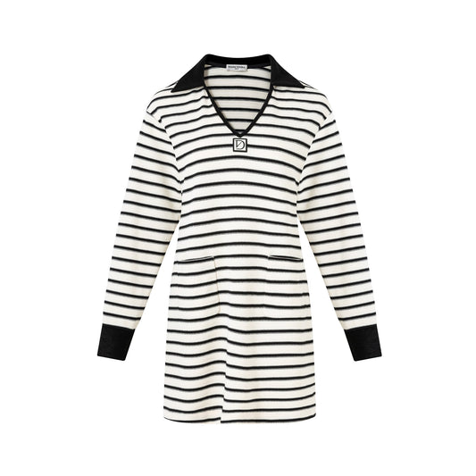 DIANA VEVINA  Black and White Striped Knit V-Neck Dress