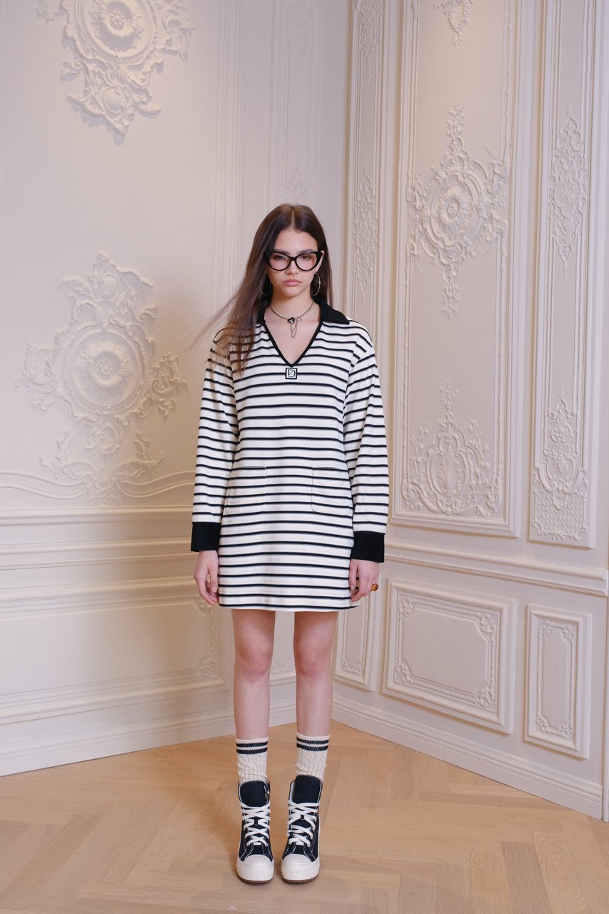 DIANA VEVINA  Black and White Striped Knit V-Neck Dress