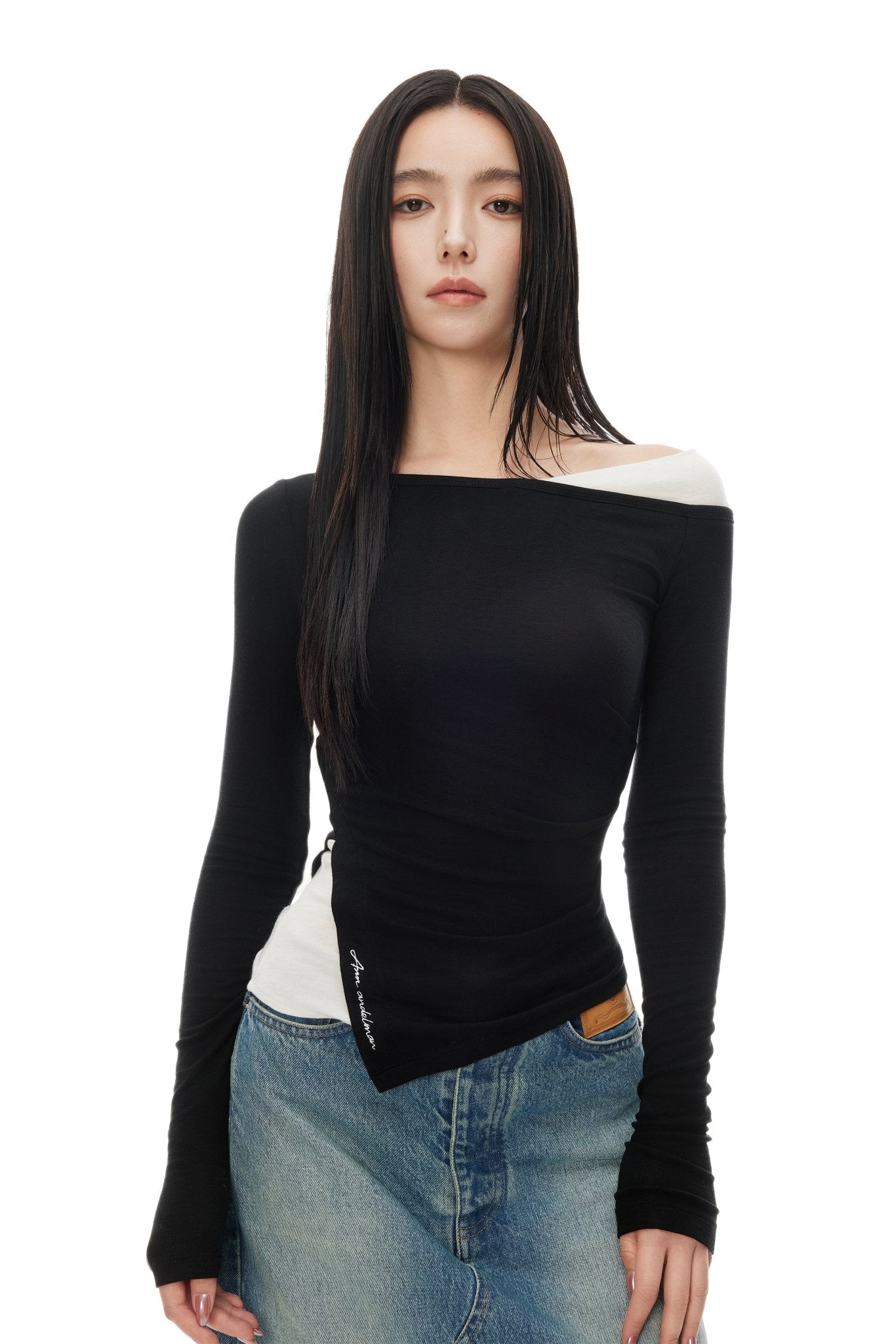 Ann Andelman Black Asymmetric Panel Long Sleeve Top