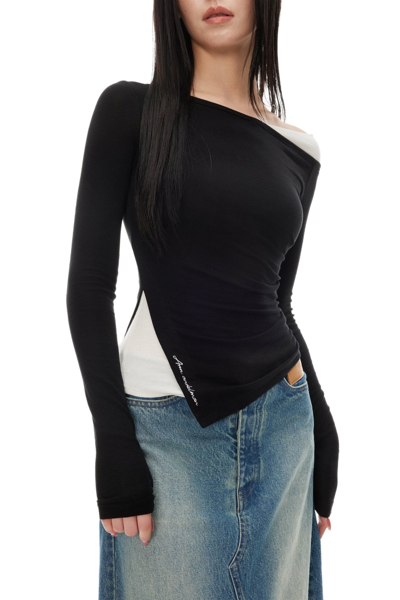 Ann Andelman Black Asymmetric Panel Long Sleeve Top