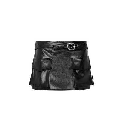 Ann Andelman Black Cargo Pocket Short Leather Skirt