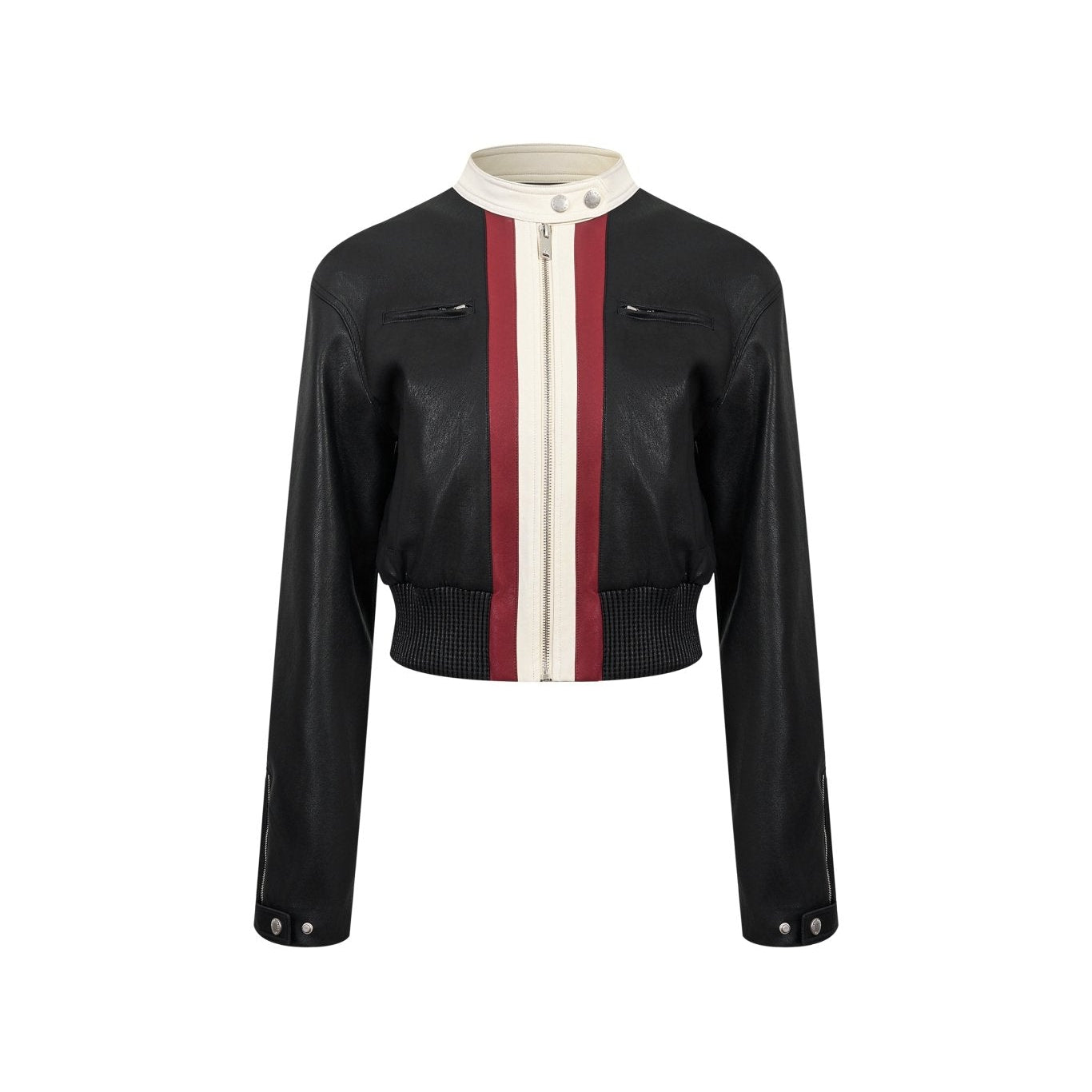 Ann Andelman Black Color-blocked Short Biker Faux Leather Jacket