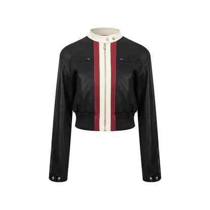 Ann Andelman Black Color-blocked Short Biker Faux Leather Jacket