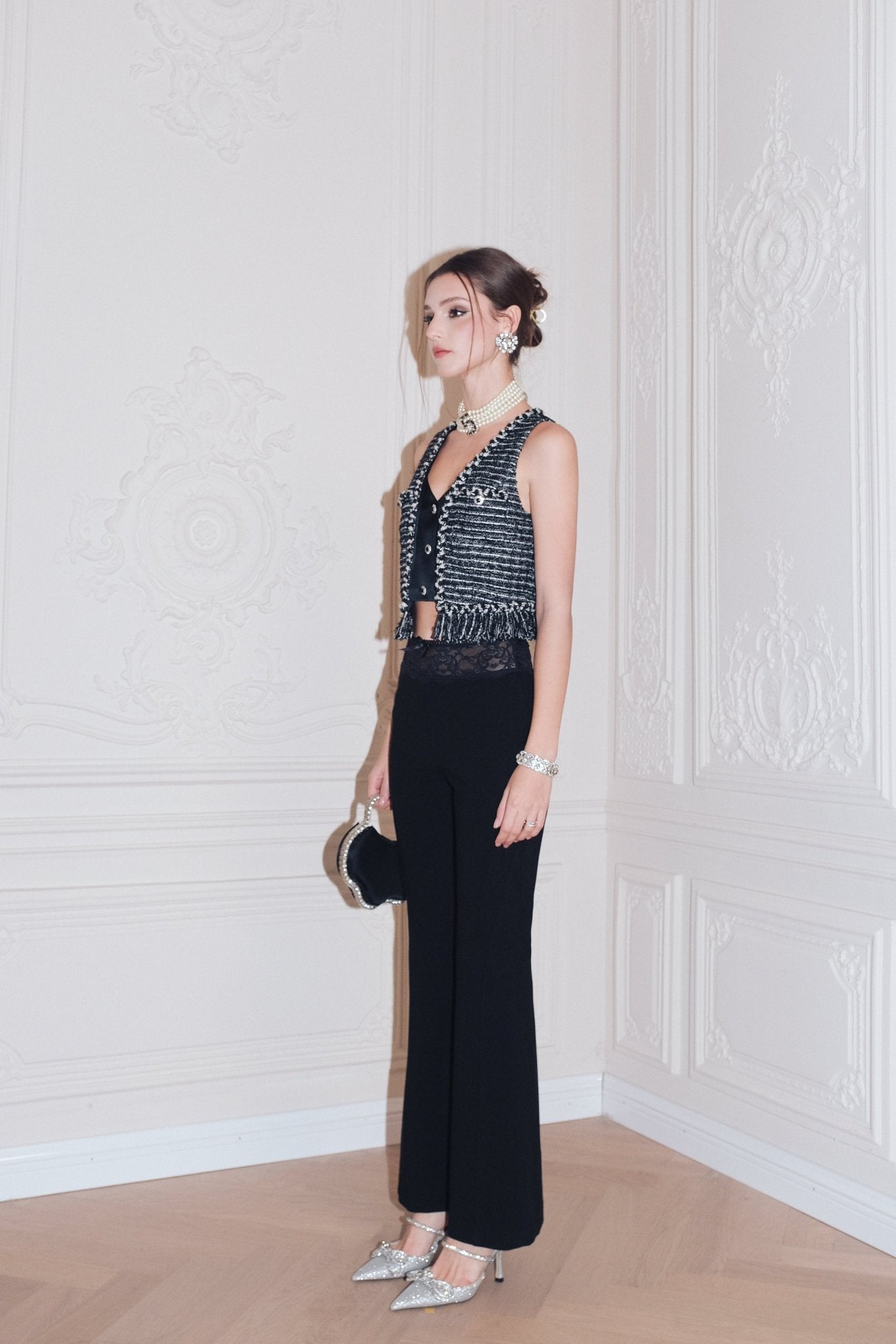 DIANA VEVINA Black Lace Patchwork Flared Pants