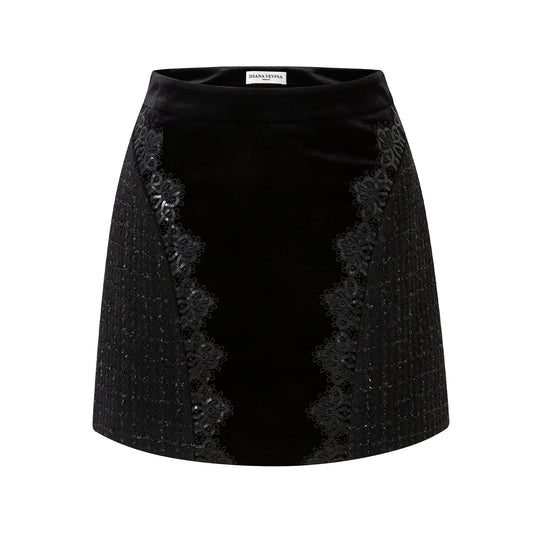 DIANA VEVINA Black Lace Tweed Patchwork Half Skirt