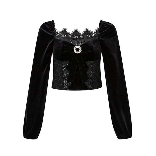 DIANA VEVINA Black Lace Tweed Patchwork Top