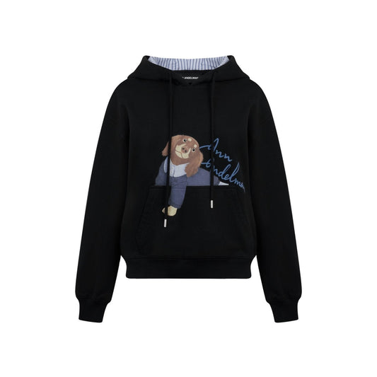 Ann Andelman Black Short Kangaroo Pocket Hoodie With Puppy Print