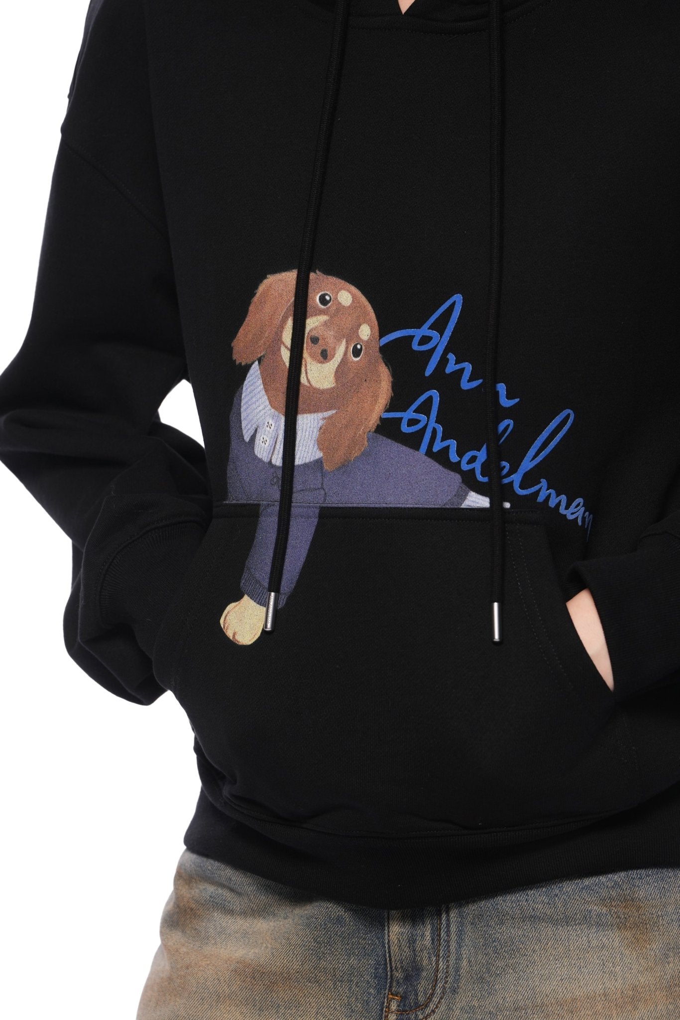 Ann Andelman Black Short Kangaroo Pocket Hoodie With Puppy Print