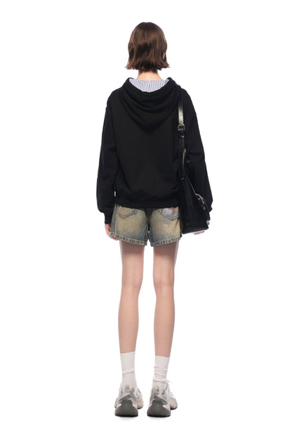 Ann Andelman Black Short Kangaroo Pocket Hoodie With Puppy Print