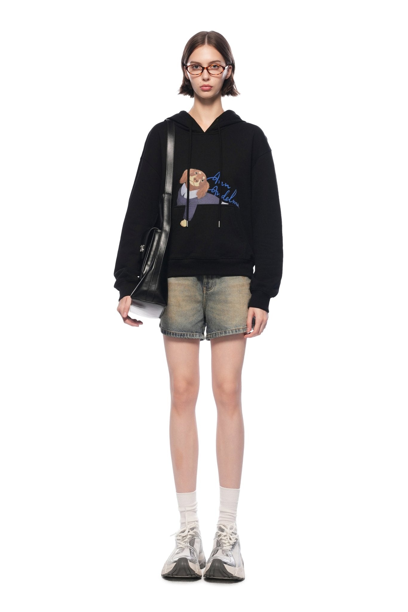 Ann Andelman Black Short Kangaroo Pocket Hoodie With Puppy Print