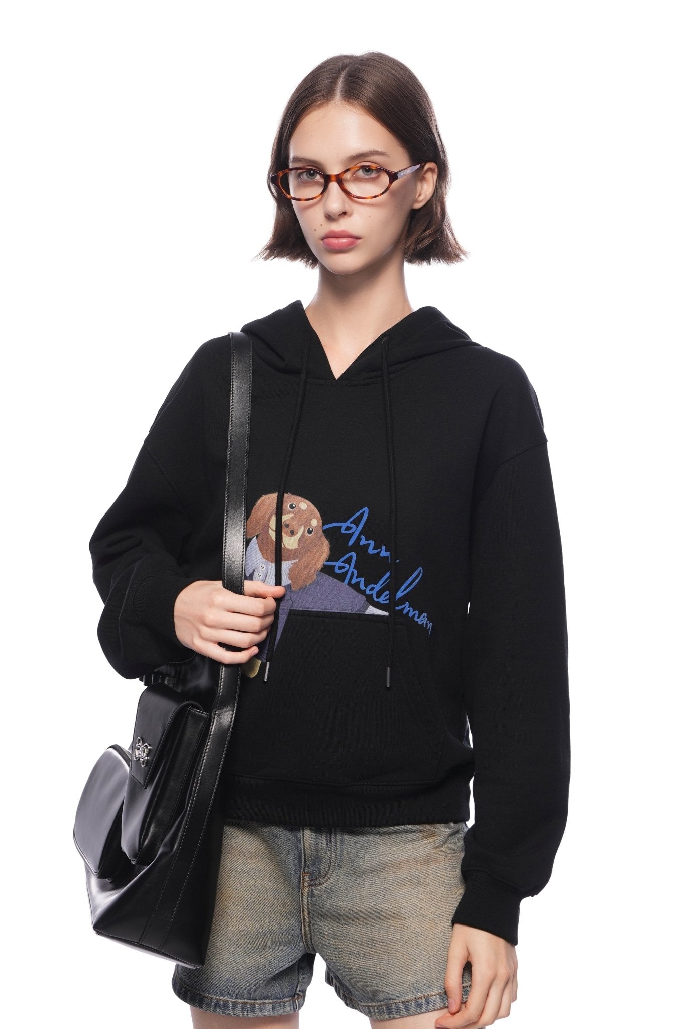 Ann Andelman Black Short Kangaroo Pocket Hoodie With Puppy Print