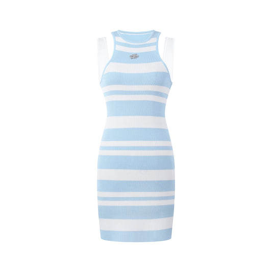 THREE QUARTERS Blue and White Patchwork Sleeveless Striped Knit Dress