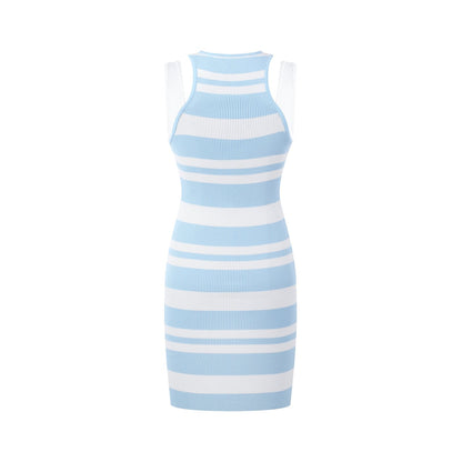 THREE QUARTERS Blue and White Patchwork Sleeveless Striped Knit Dress