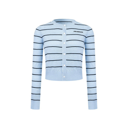 Ann Andelman Blue Striped Openwork Knit Top