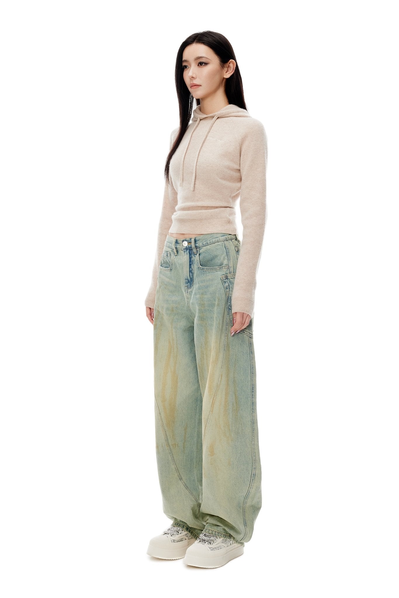 Ann Andelman Blue Washed Distressed Curved Shape Jeans