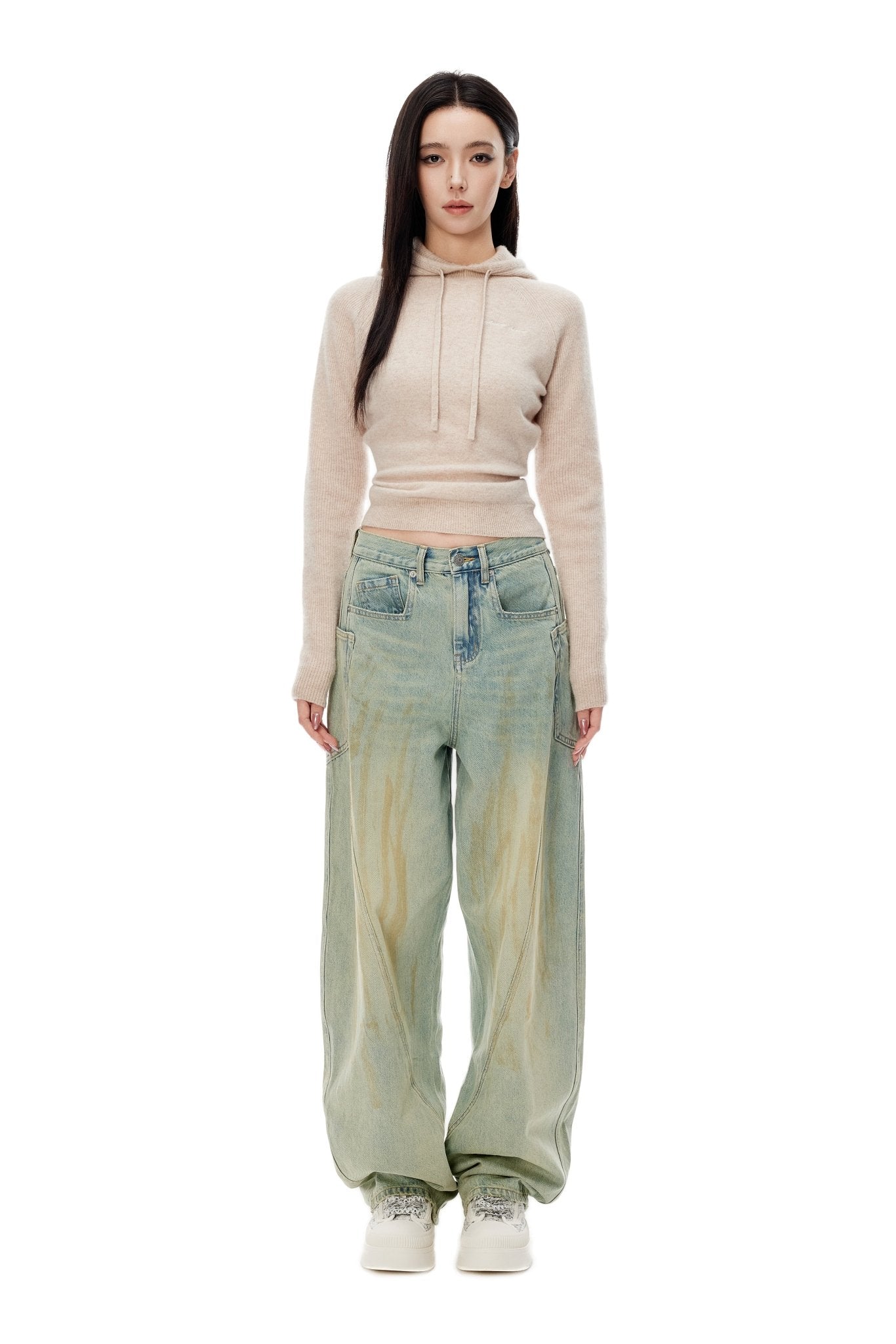 Ann Andelman Blue Washed Distressed Curved Shape Jeans