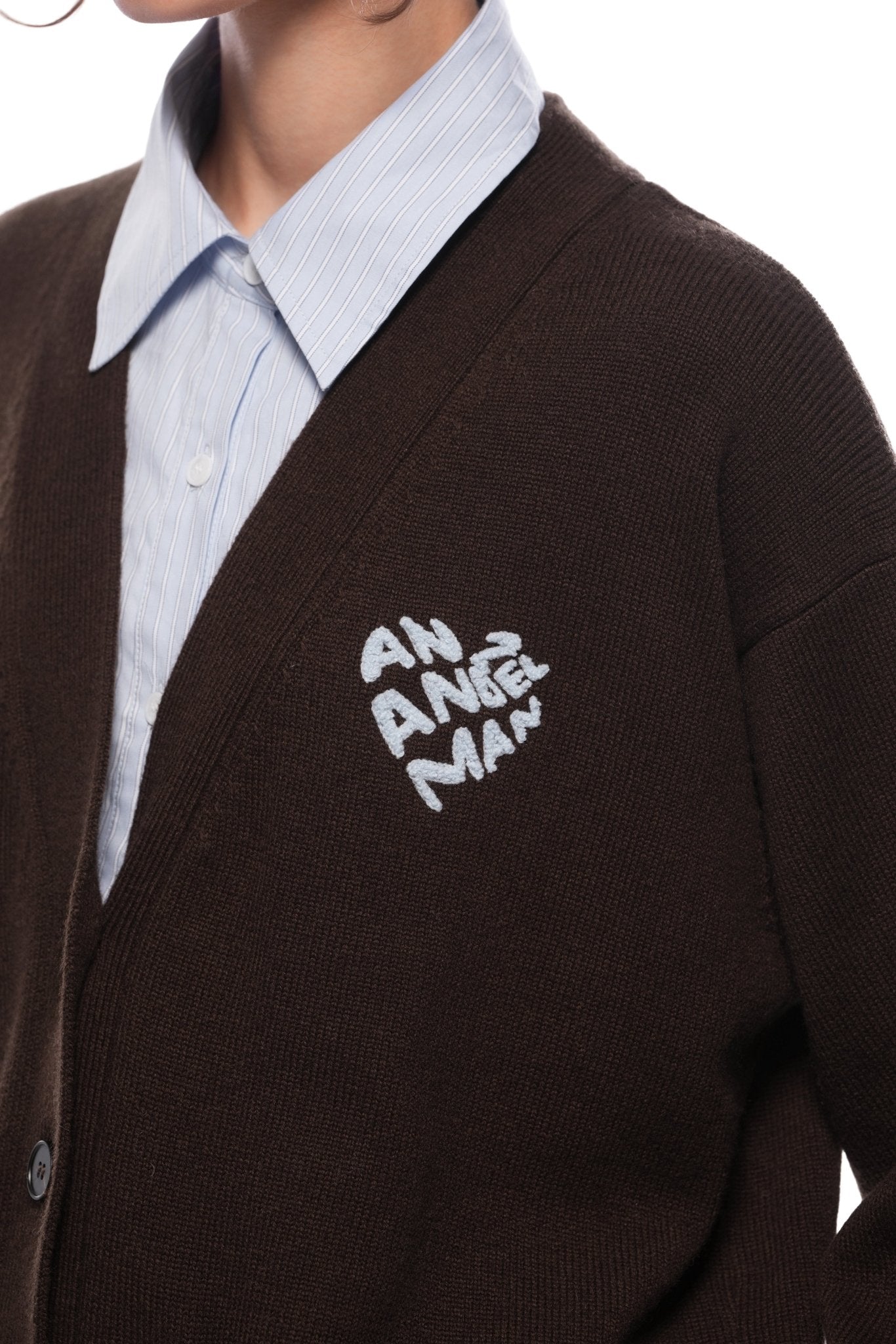 Ann Andelman Brown Faux Two-piece Knit Top With Patchwork Shirt