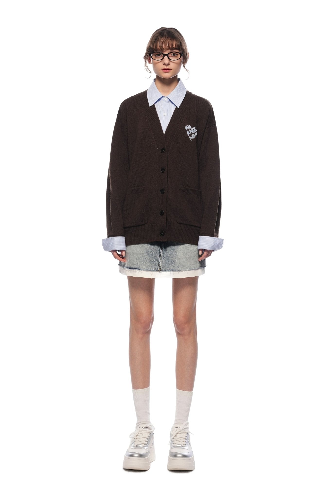 Ann Andelman Brown Faux Two-piece Knit Top With Patchwork Shirt