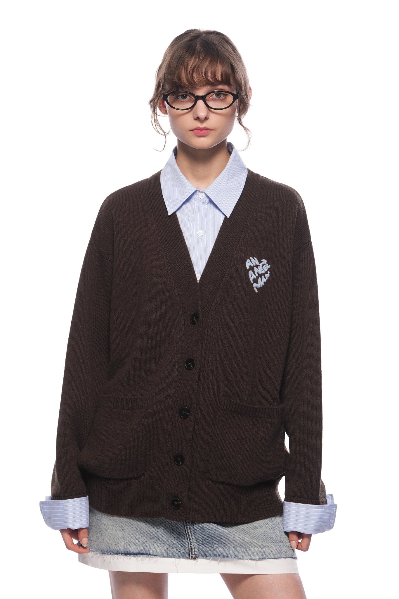 Ann Andelman Brown Faux Two-piece Knit Top With Patchwork Shirt