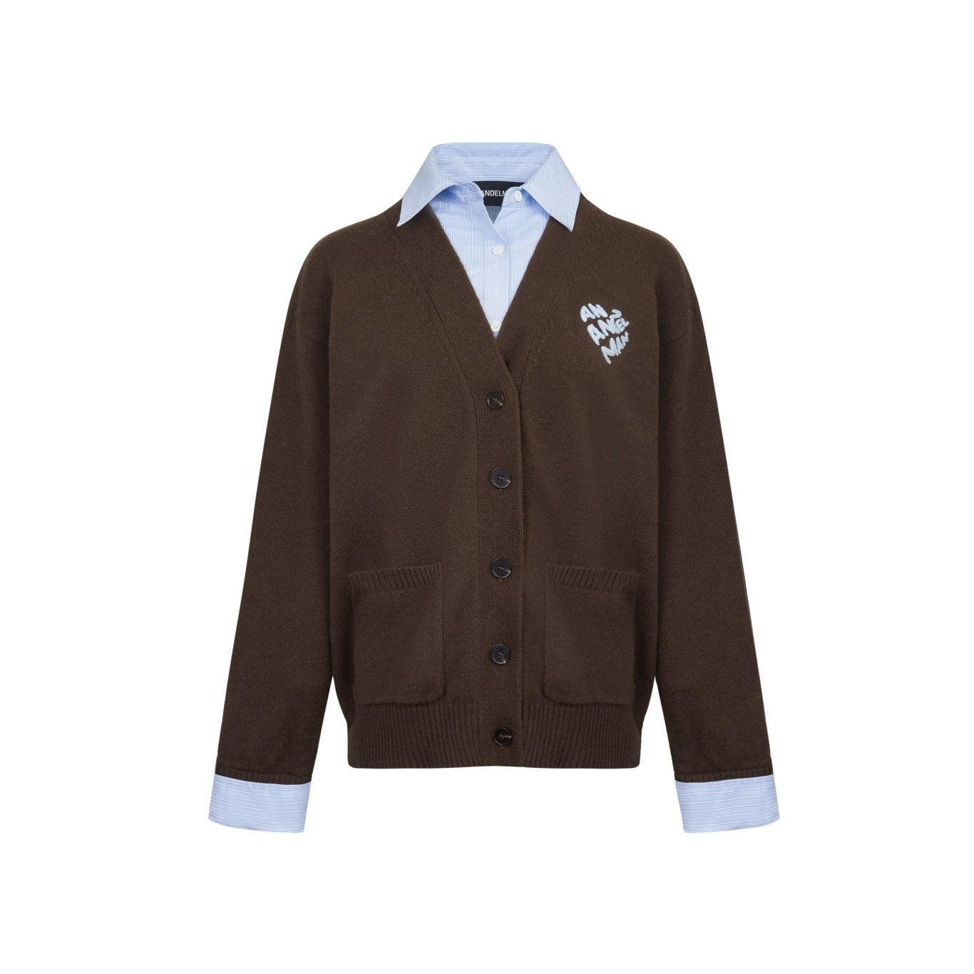 Ann Andelman Brown Faux Two-piece Knit Top With Patchwork Shirt