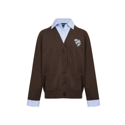 Ann Andelman Brown Faux Two-piece Knit Top With Patchwork Shirt