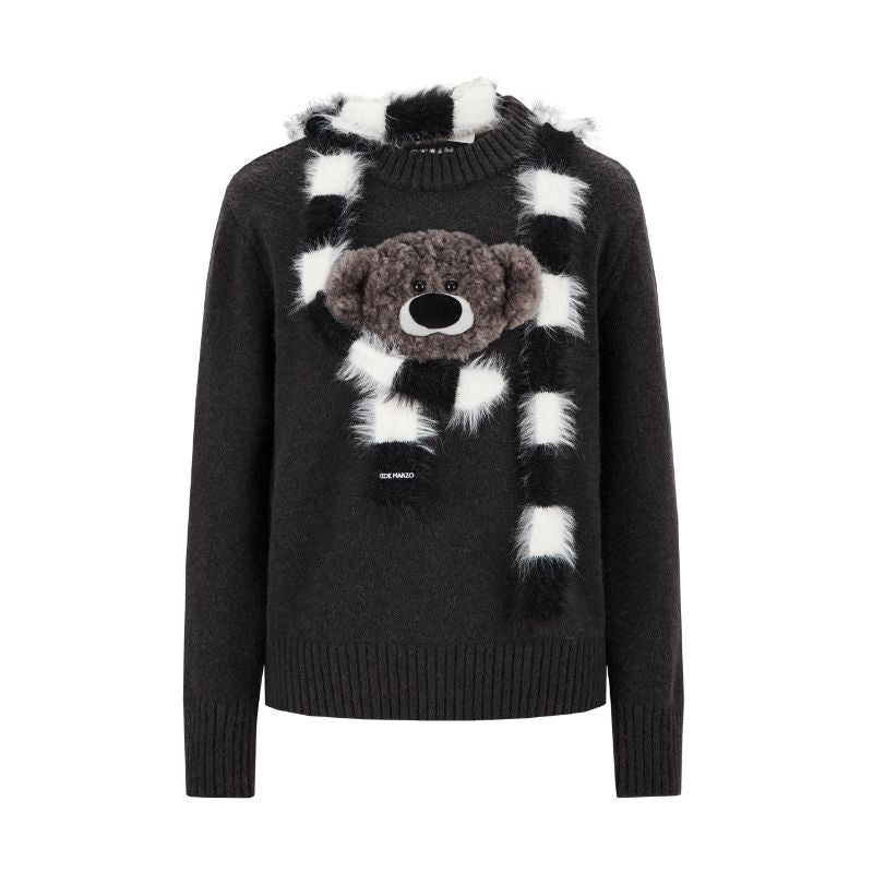 13DE MARZO Bear Thin Scarf Sweater Dark Grey