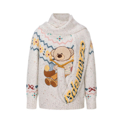 13DE MARZO Fair Isle Bear Knit Sweater White