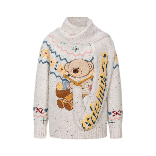13DE MARZO Fair Isle Bear Knit Sweater White