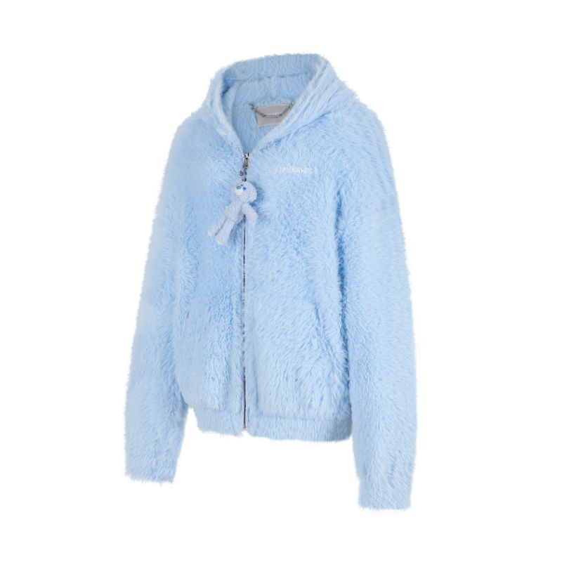 13DE MARZO Faux Mink Fur Zip Jacket Blue
