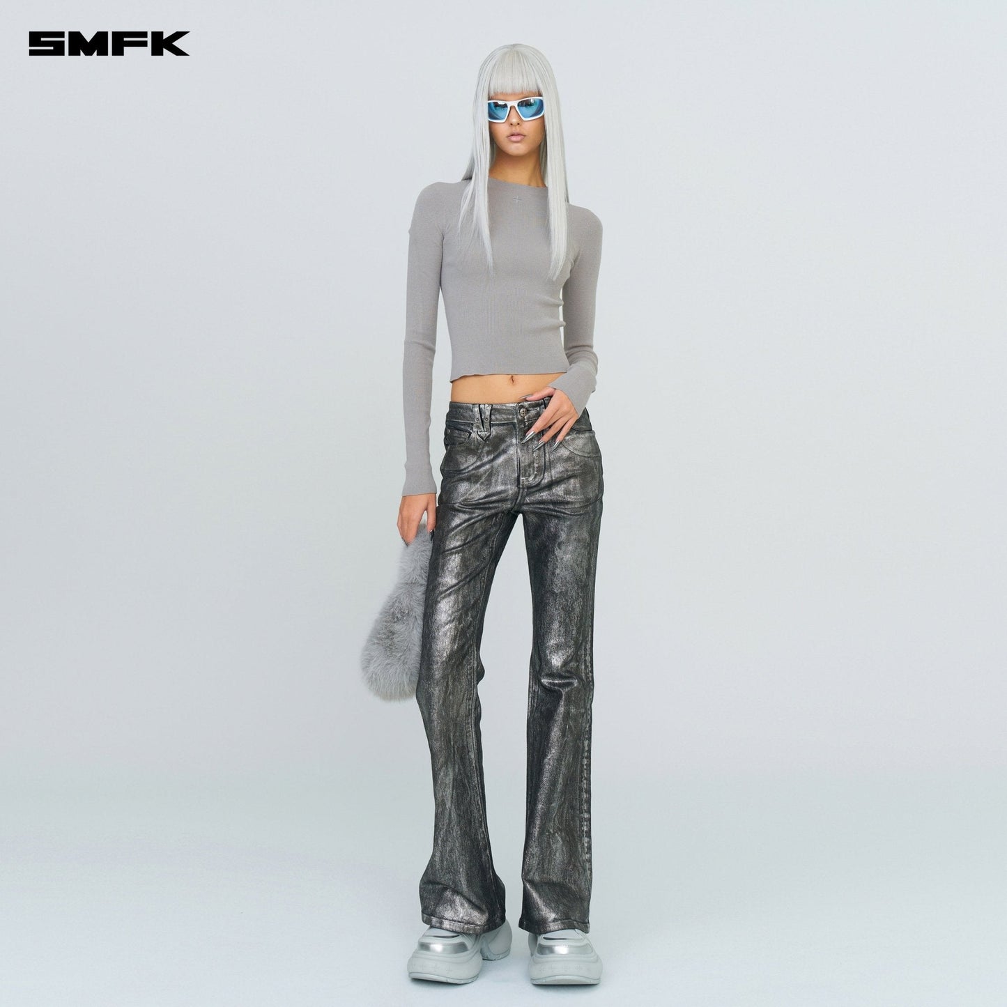 SMFK Compass Hug Turtleneck Knit Sweatshirt In Gray