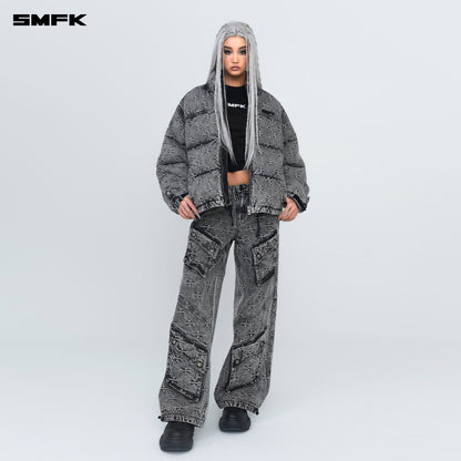 SMFK Compass Mustang Classic Denim Puffer Jacket In Gray