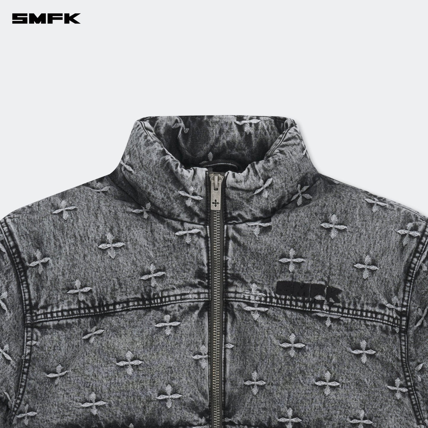 SMFK Compass Mustang Classic Denim Puffer Jacket In Gray