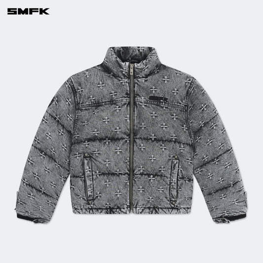 SMFK Compass Mustang Classic Denim Puffer Jacket In Gray