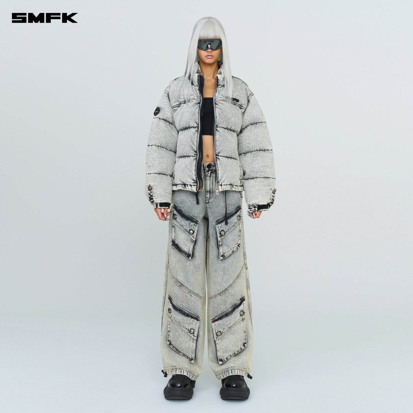 SMFK Compass Mustang Classic Denim Puffer Jacket In White