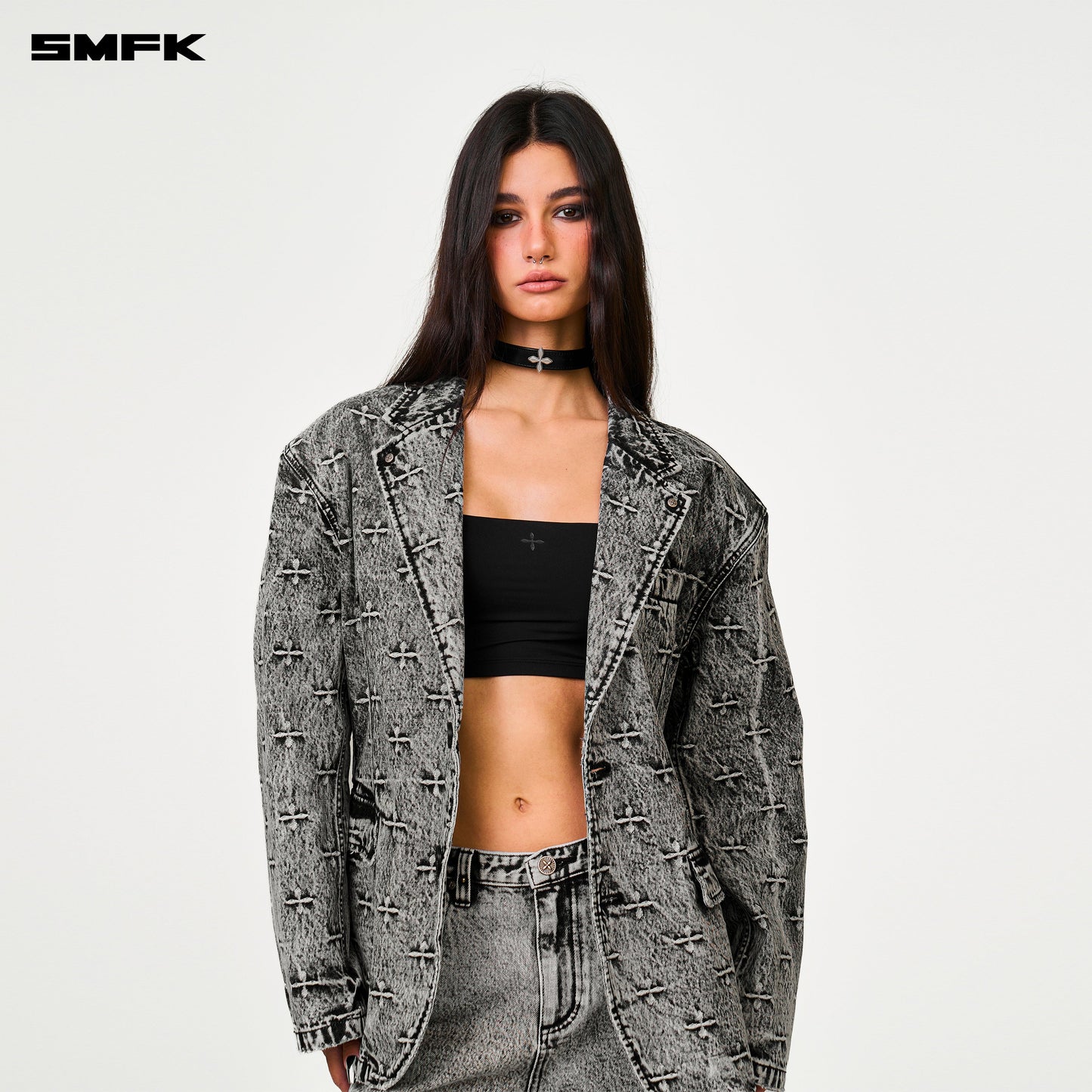 SMFK COMPASS RIVET Cross Rivet Leather High Collar Choker