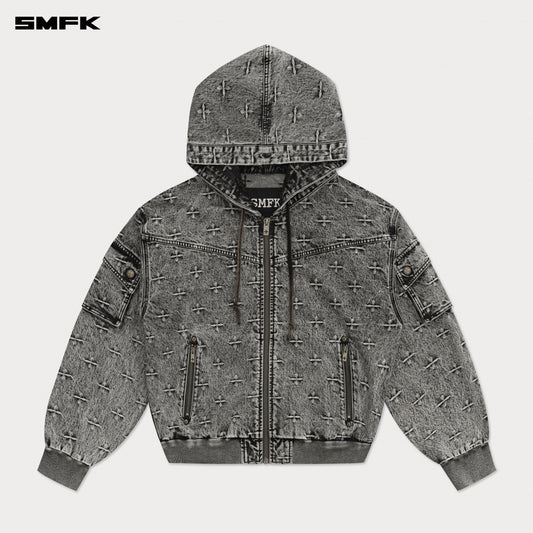 SMFK Compass Storm Garden Oversize Denim Hoodie Gray