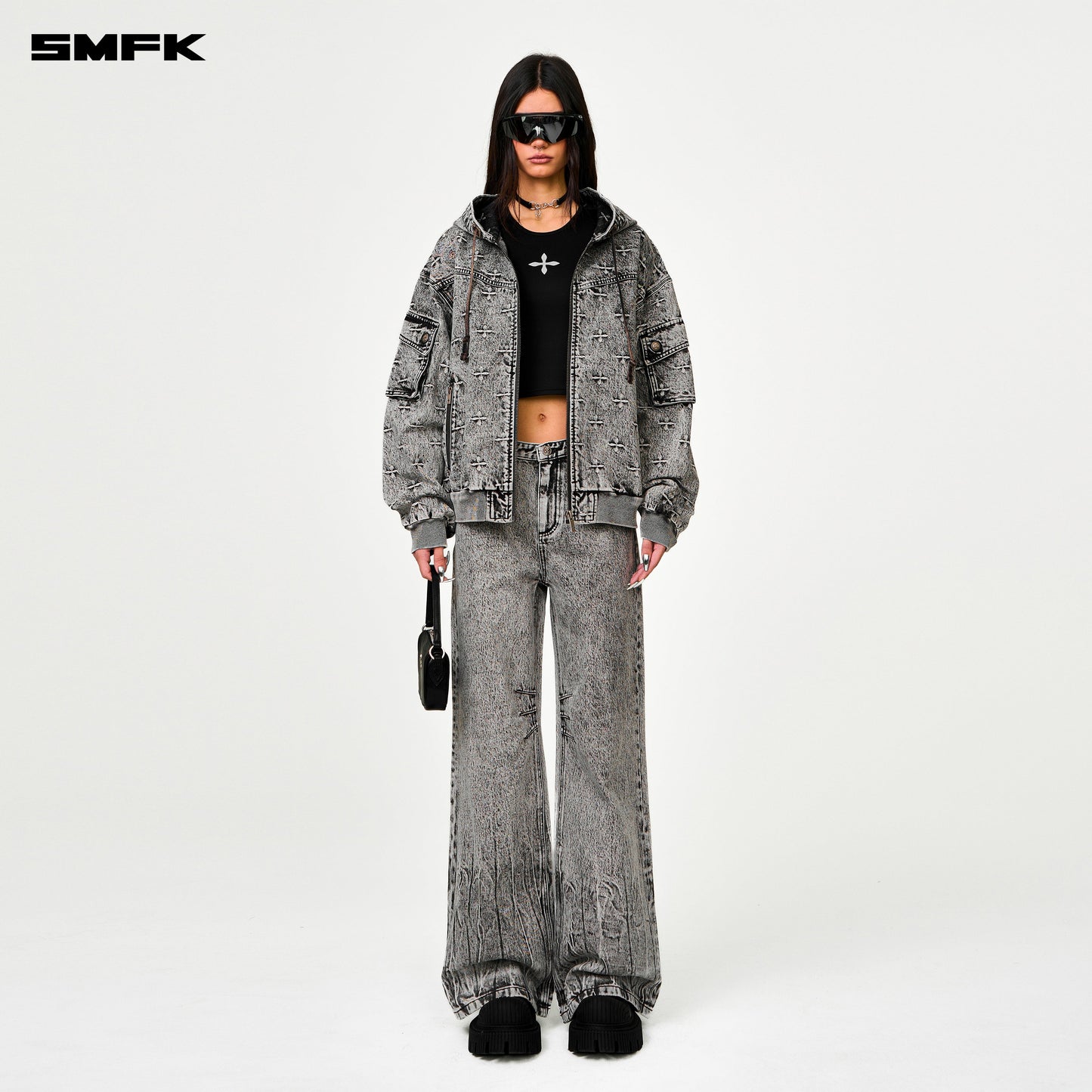 SMFK Compass Storm Garden Oversize Denim Hoodie Gray