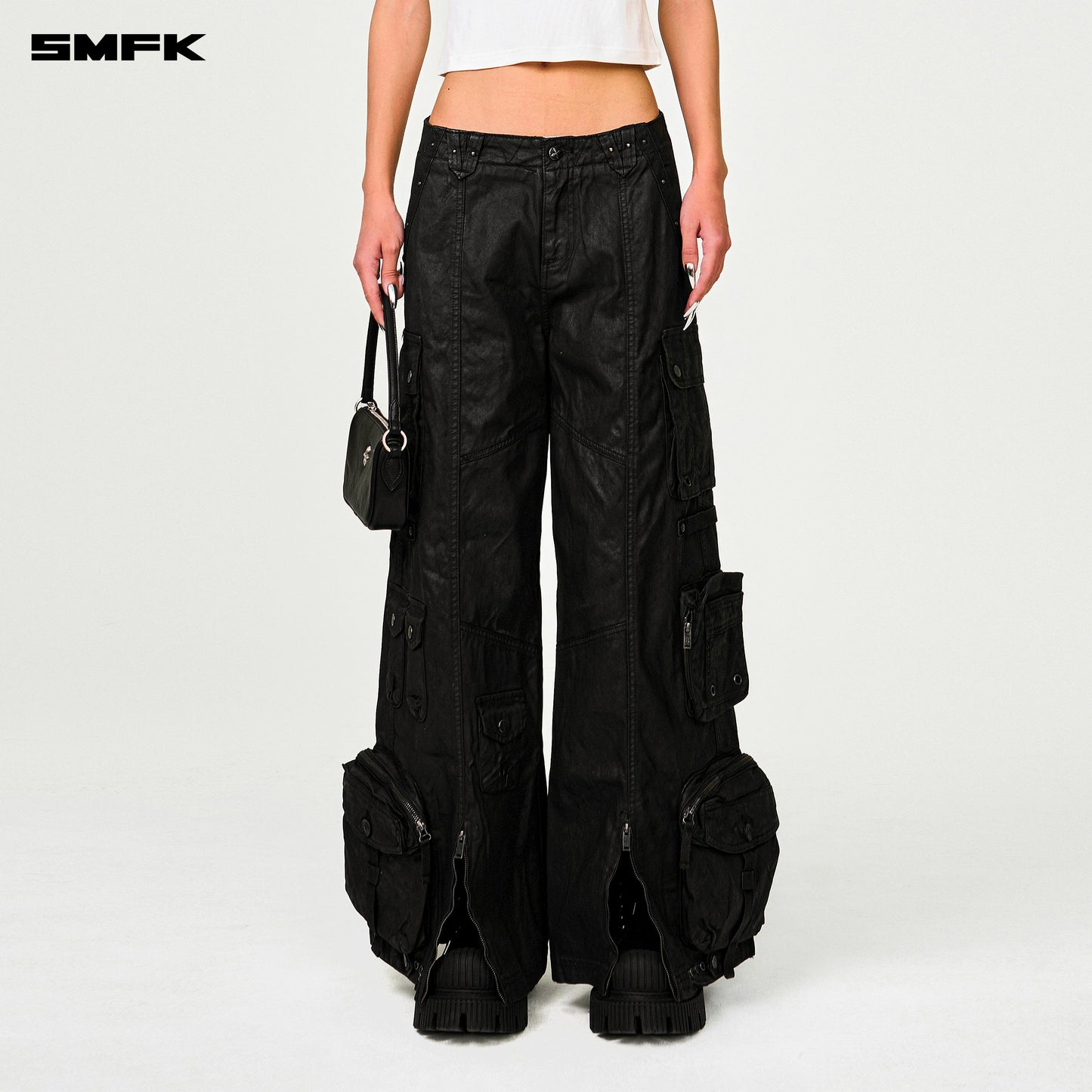 SMFK Compass Wild Cyber Mustang Waxed Wide-Leg Pants in Black