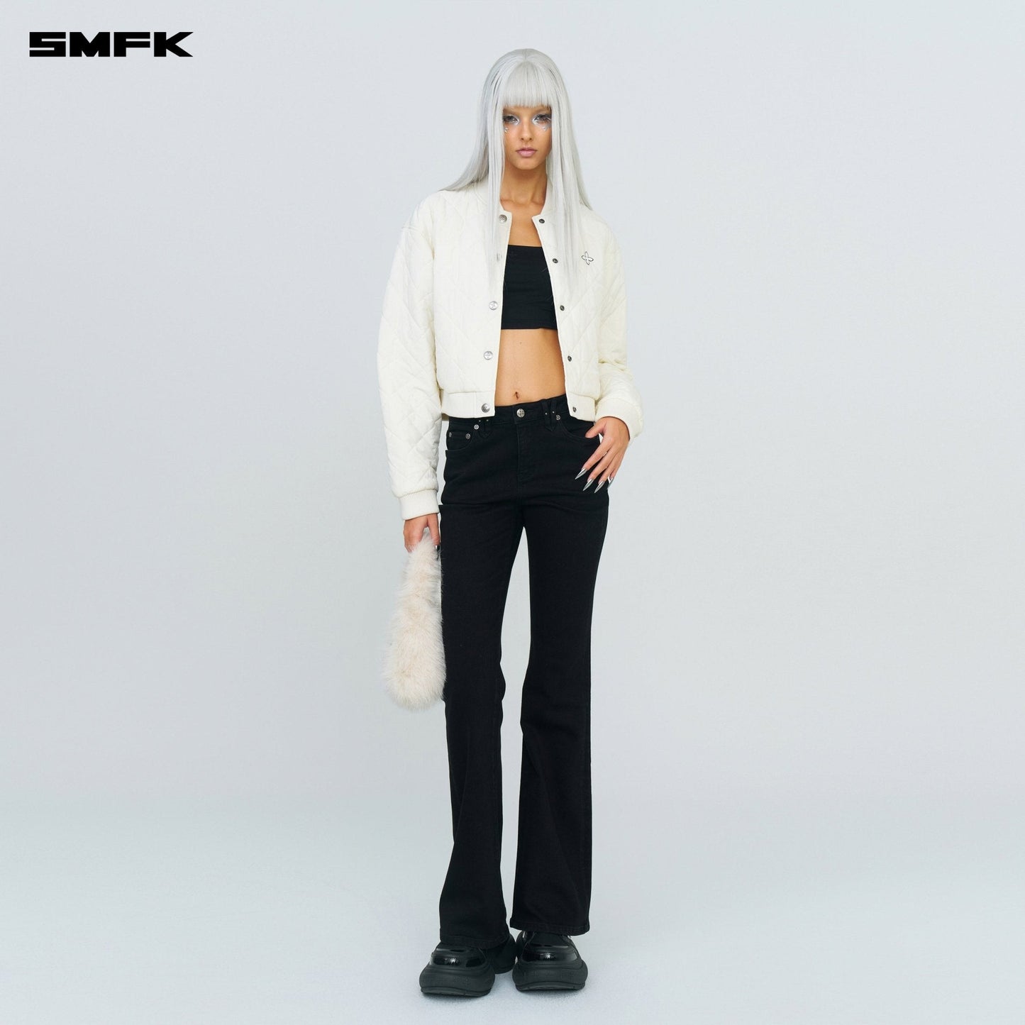 SMFK Compass Winter Badge Baseball Jacket In Cream