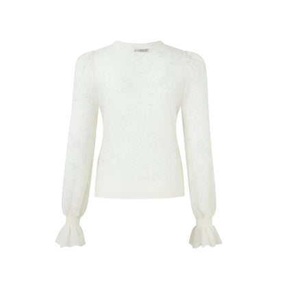 DIANA VEVINA Crochet Ruffle Sleeve Small Crew Neck Knit Sweater