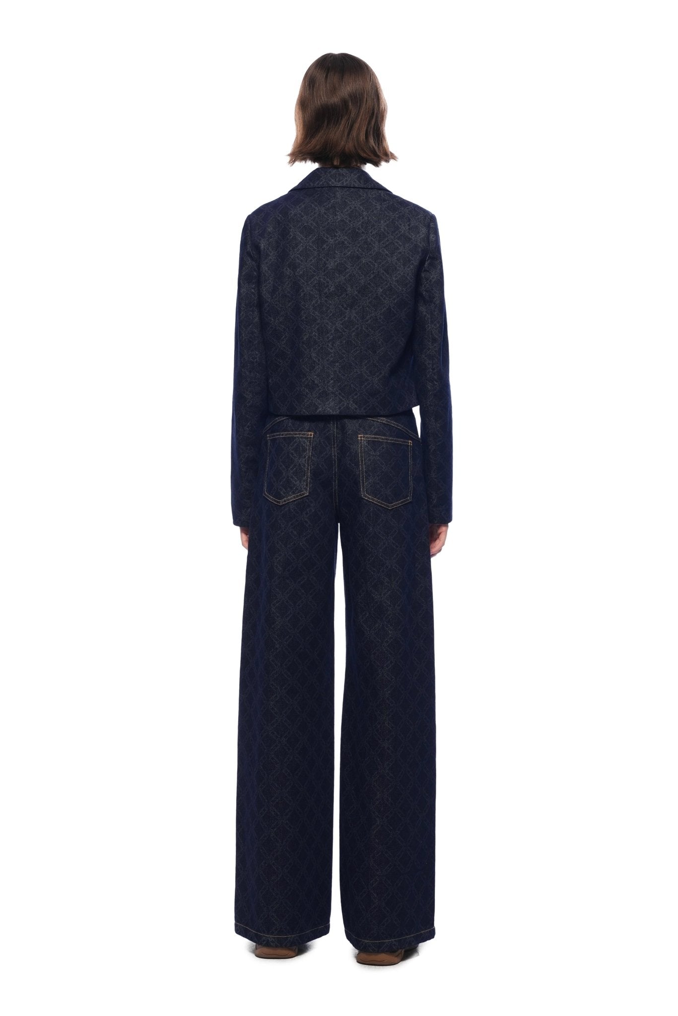 Ann Andelman Dark Blue Full-color Laser-printed Denim Wide-leg Pants