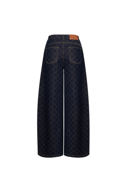 Ann Andelman Dark Blue Full-color Laser-printed Denim Wide-leg Pants