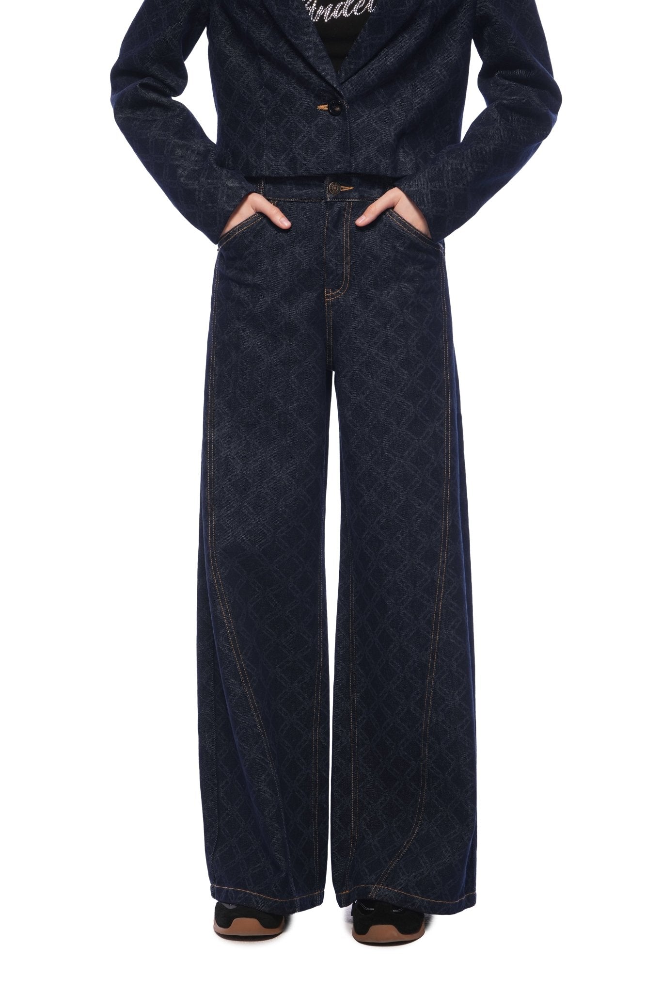 Ann Andelman Dark Blue Full-color Laser-printed Denim Wide-leg Pants