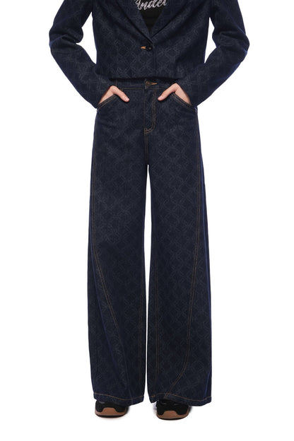 Ann Andelman Dark Blue Full-color Laser-printed Denim Wide-leg Pants