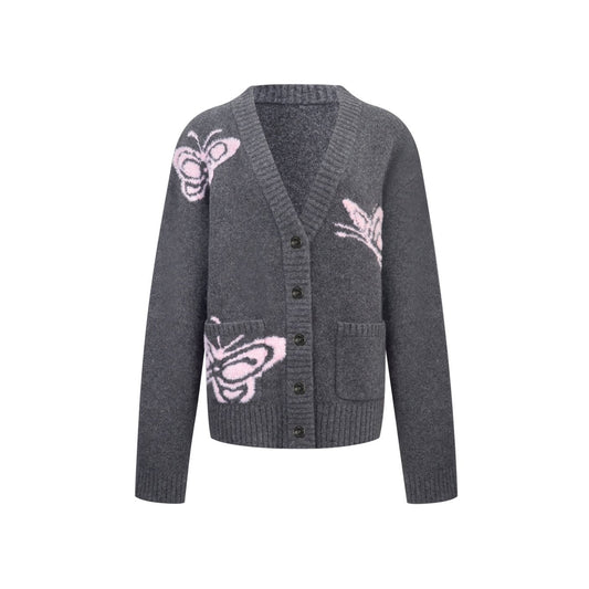 Ann Andelman Dark Gray Butterfly Jacquard V-neck Cardigan