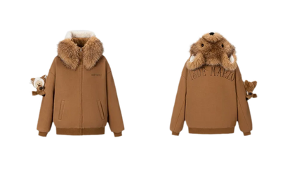 13DE MARZO Textured Fox-Ear Zip Hoodie Brown