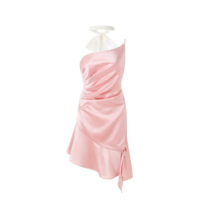 DIANA VEVINA Flutter Belt Slant Shoulder Irregular Dress Pink