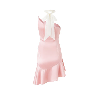 DIANA VEVINA Flutter Belt Slant Shoulder Irregular Dress Pink