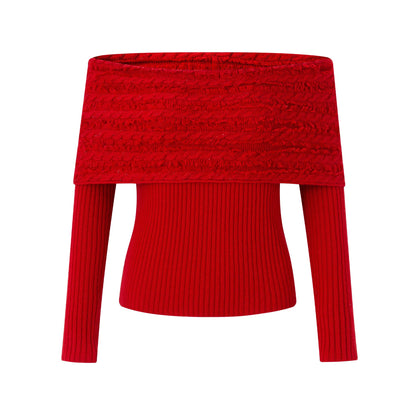 DIANA VEVINA Fringed Twisted Flower One-Shoulder Knit Red